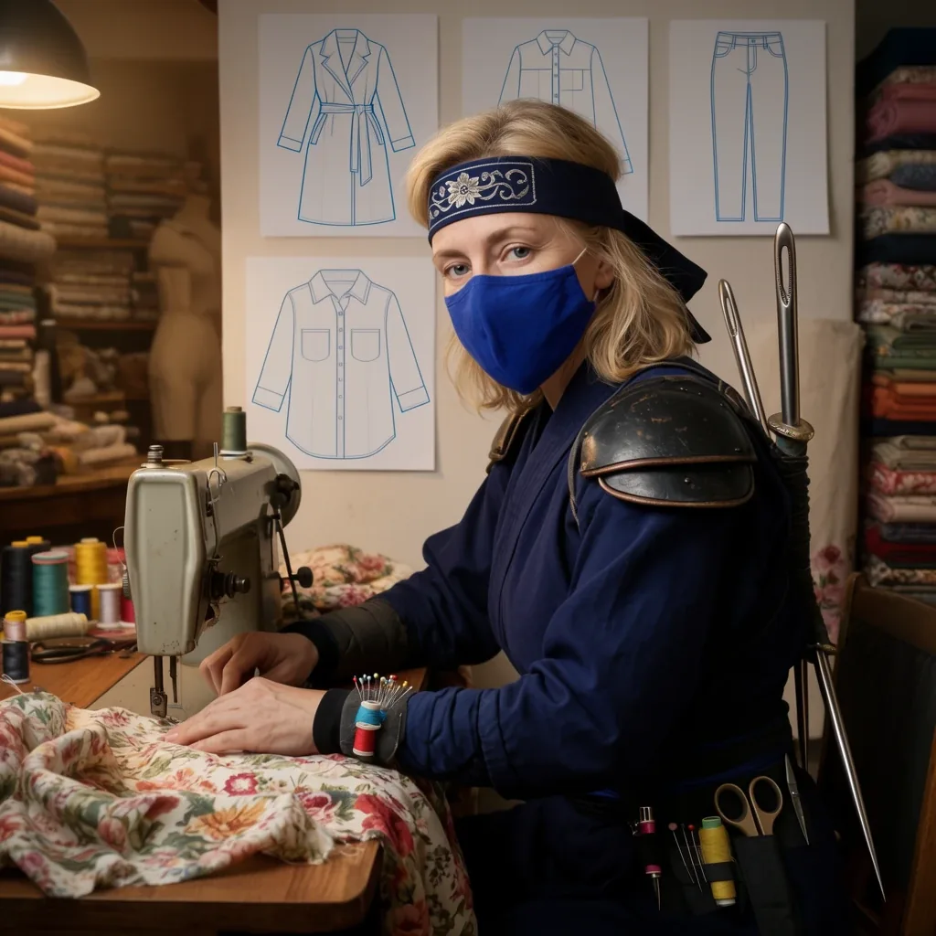 The maker looking at the camera, in a blue mask and embroidered headband, pins in a wrist cushion